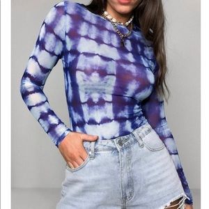 Blue Tie Dye Mesh Long Sleeve Bodysuit